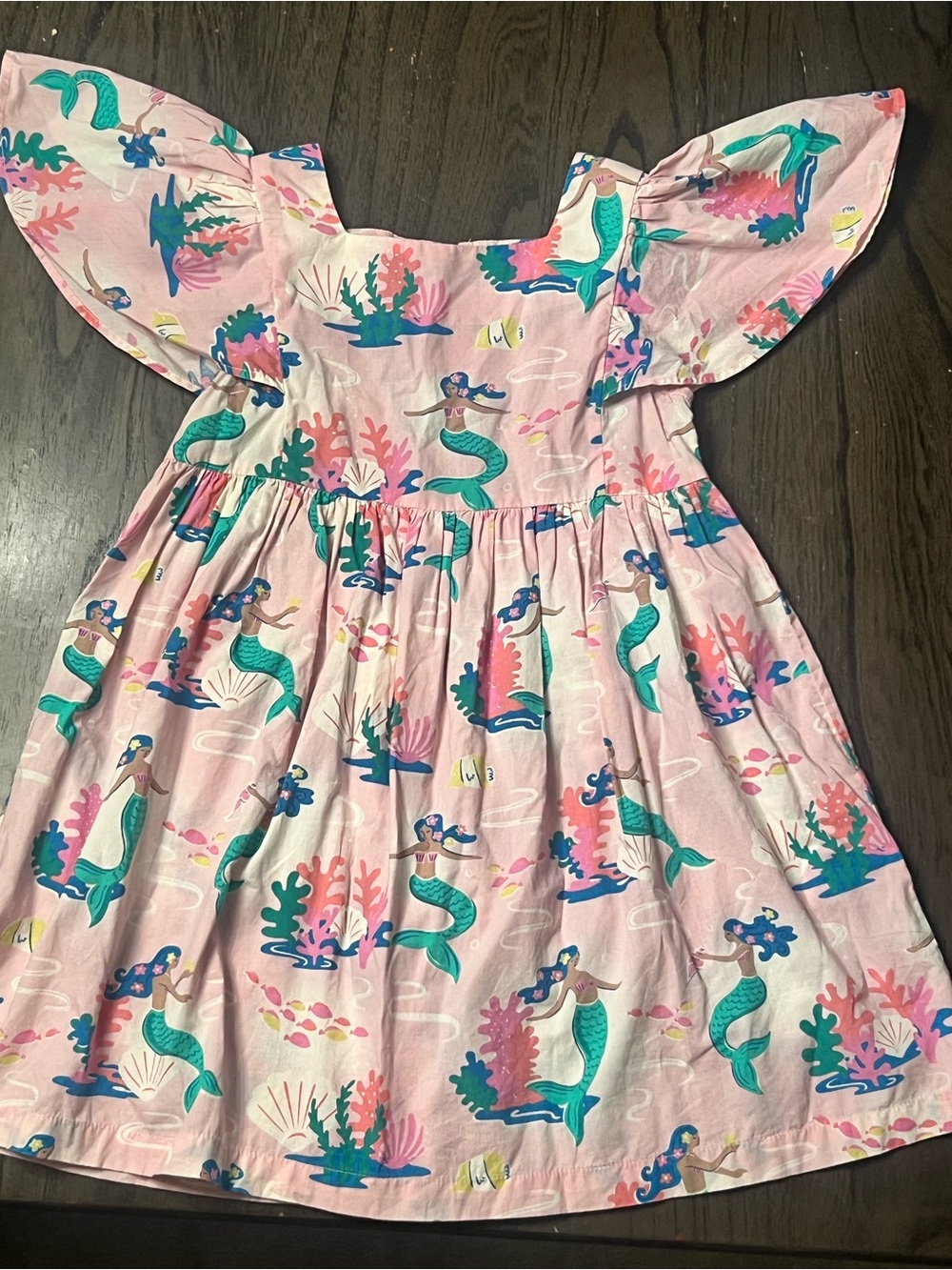Mini Boden Pink Mermaid Print Flutter-Sleeve Dress with Teal Accents